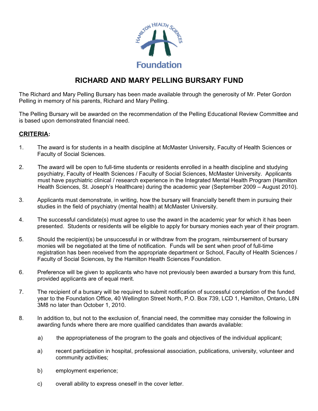 Richard and Mary Pelling Bursary Fund