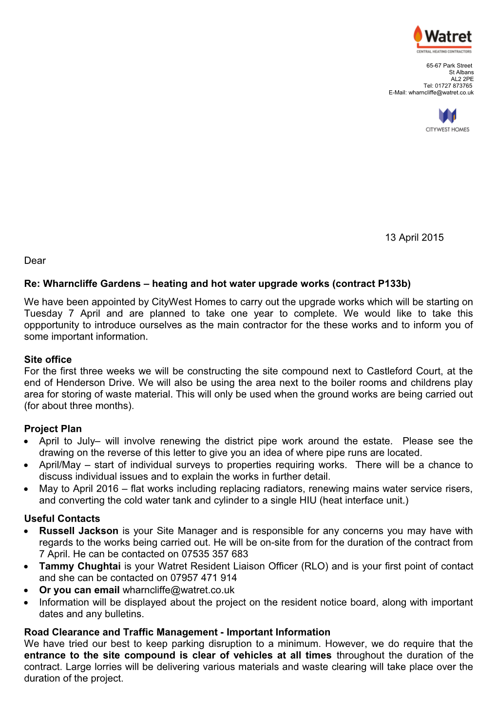 Re: Wharncliffe Gardens Heating and Hot Water Upgrade Works (Contract P133b)