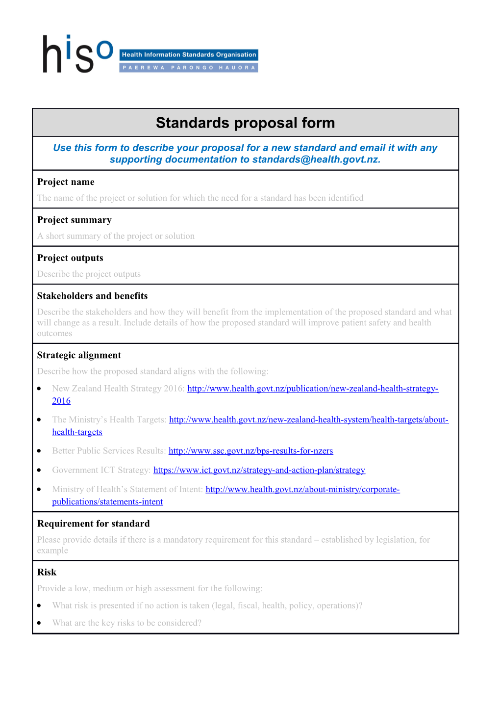 Standards Proposal Questionnaire