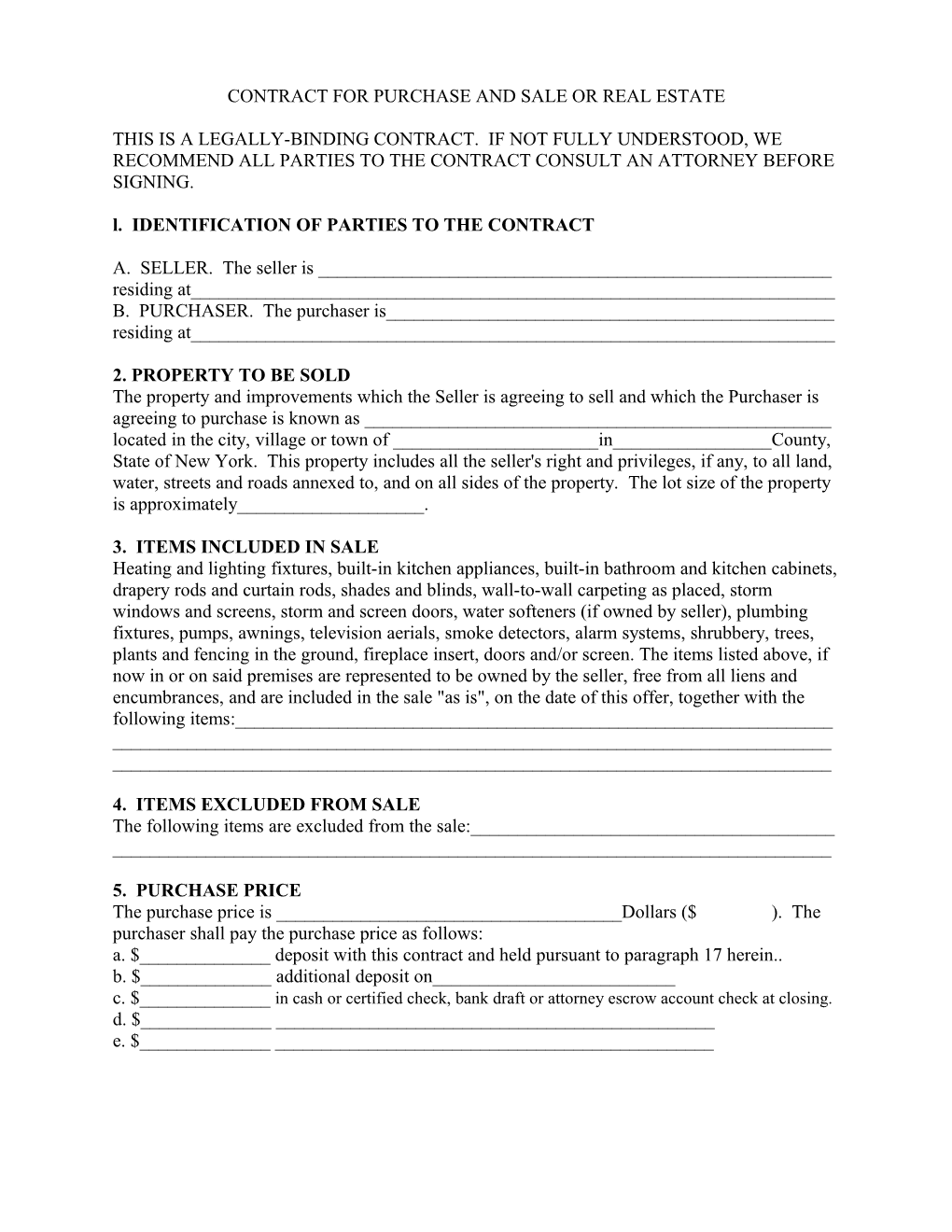 Contract For Purchase And Sale Or Real Estate