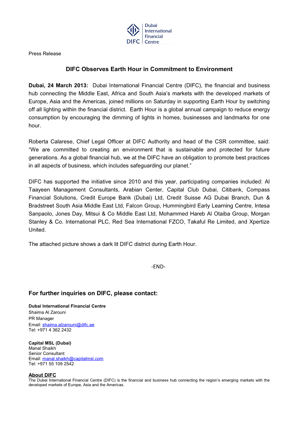 DIFC Observes Earth Hour in Commitment to Environment