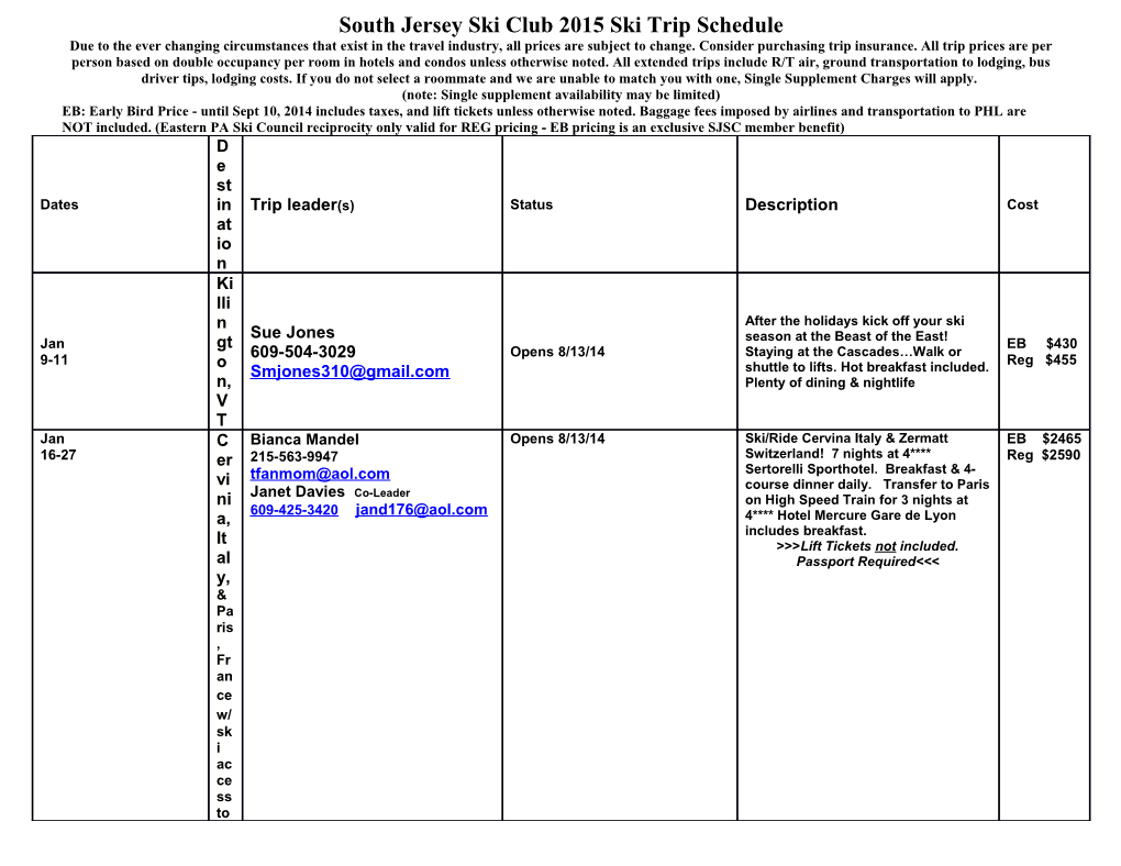 South Jersey Ski Club 2015 Ski Trip Schedule