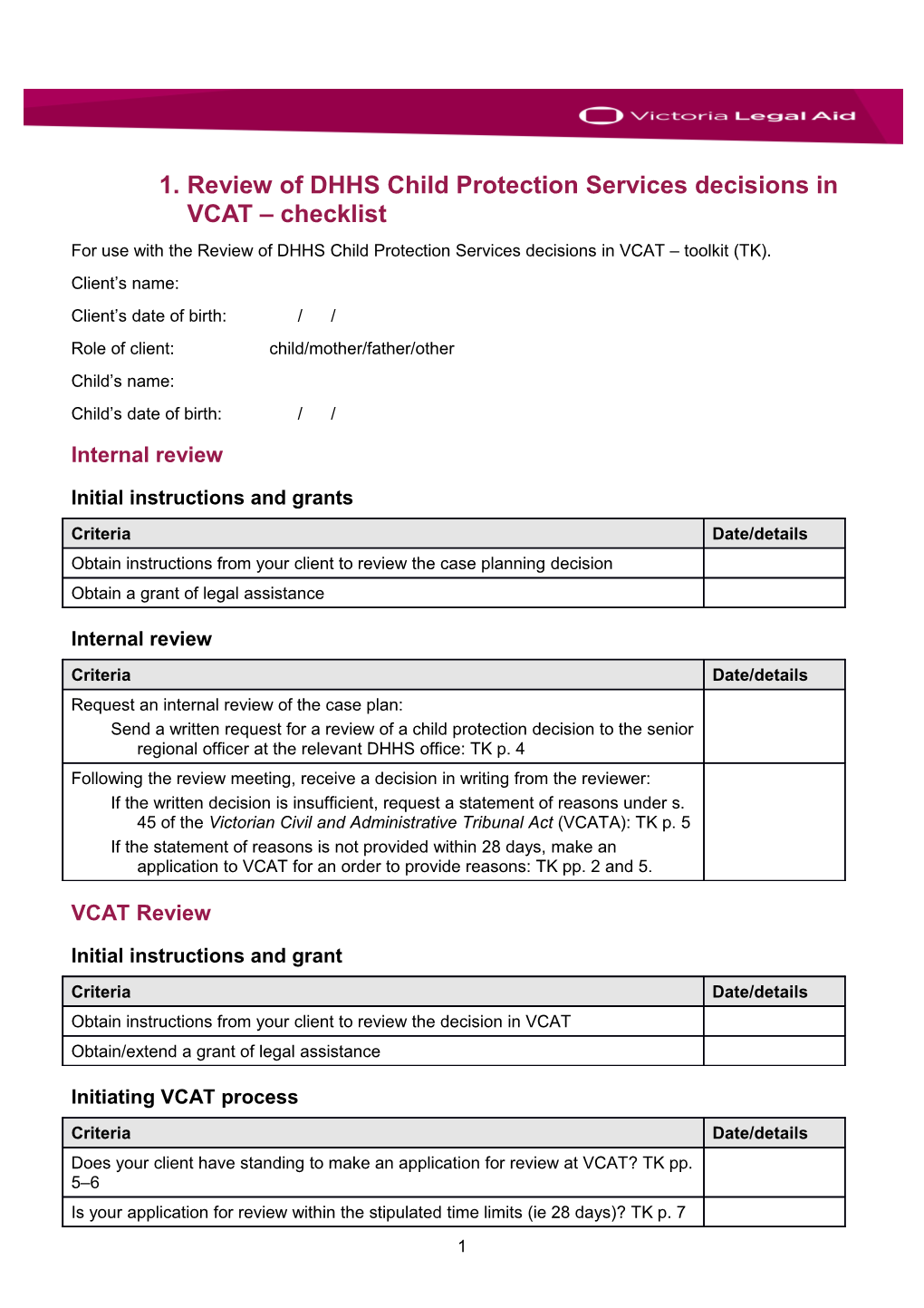 Review of DHHS Child Protection Services Decisions in VCAT Checklist