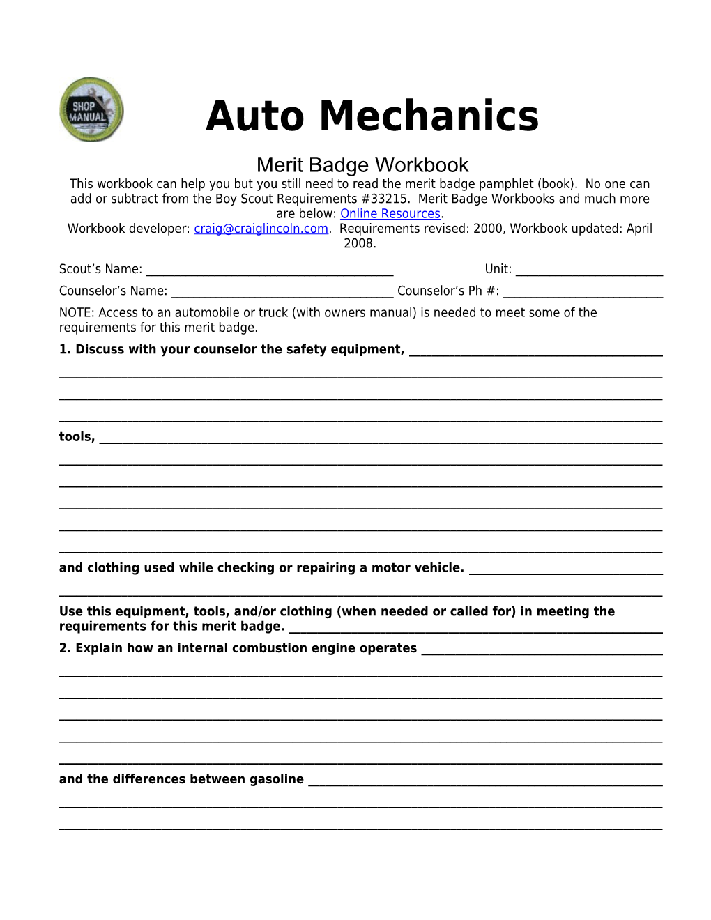 Auto Mechanics P. 7 Merit Badge Workbook Scout's Name: ______