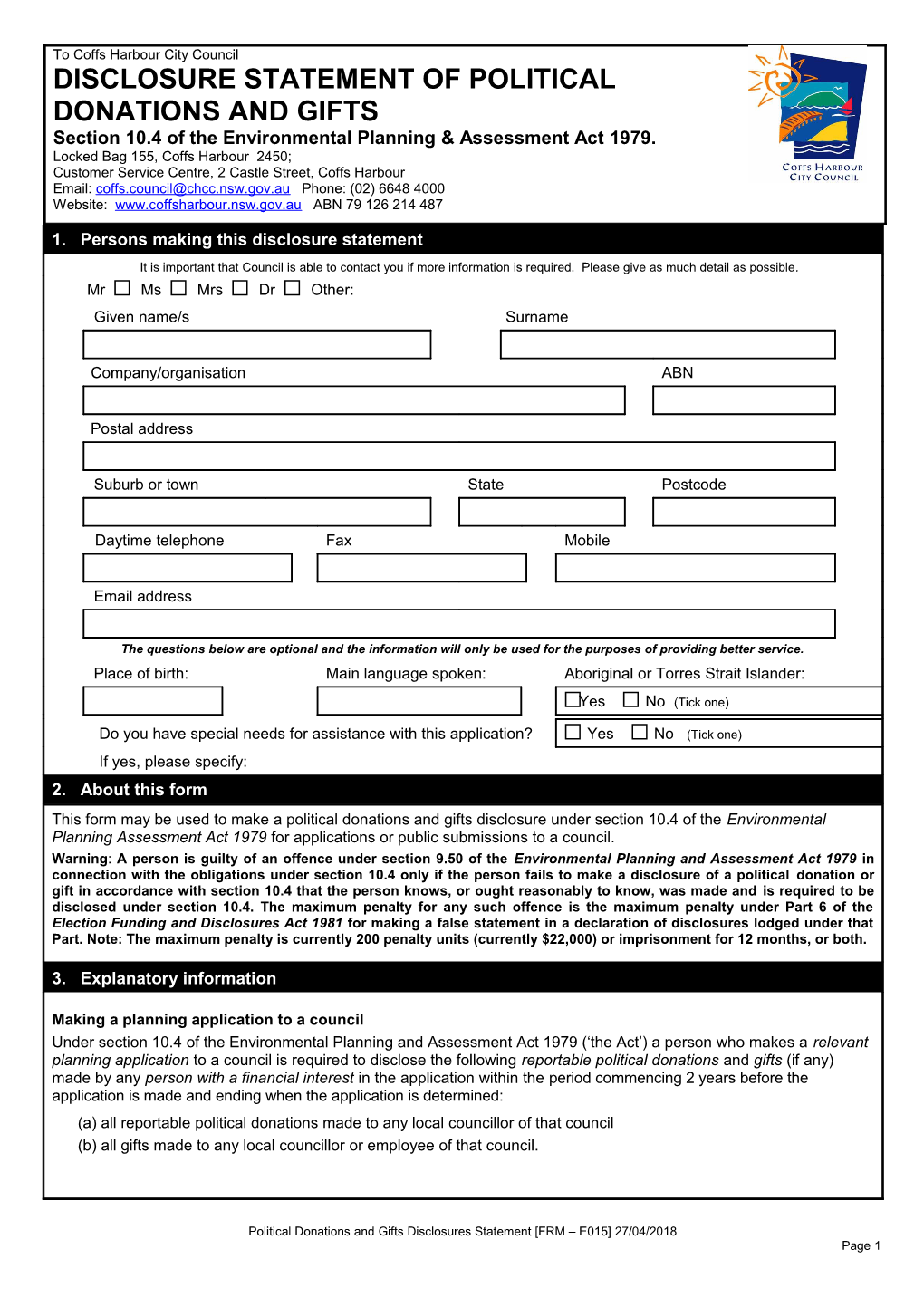 Political Donations and Gifts Disclosure Statement