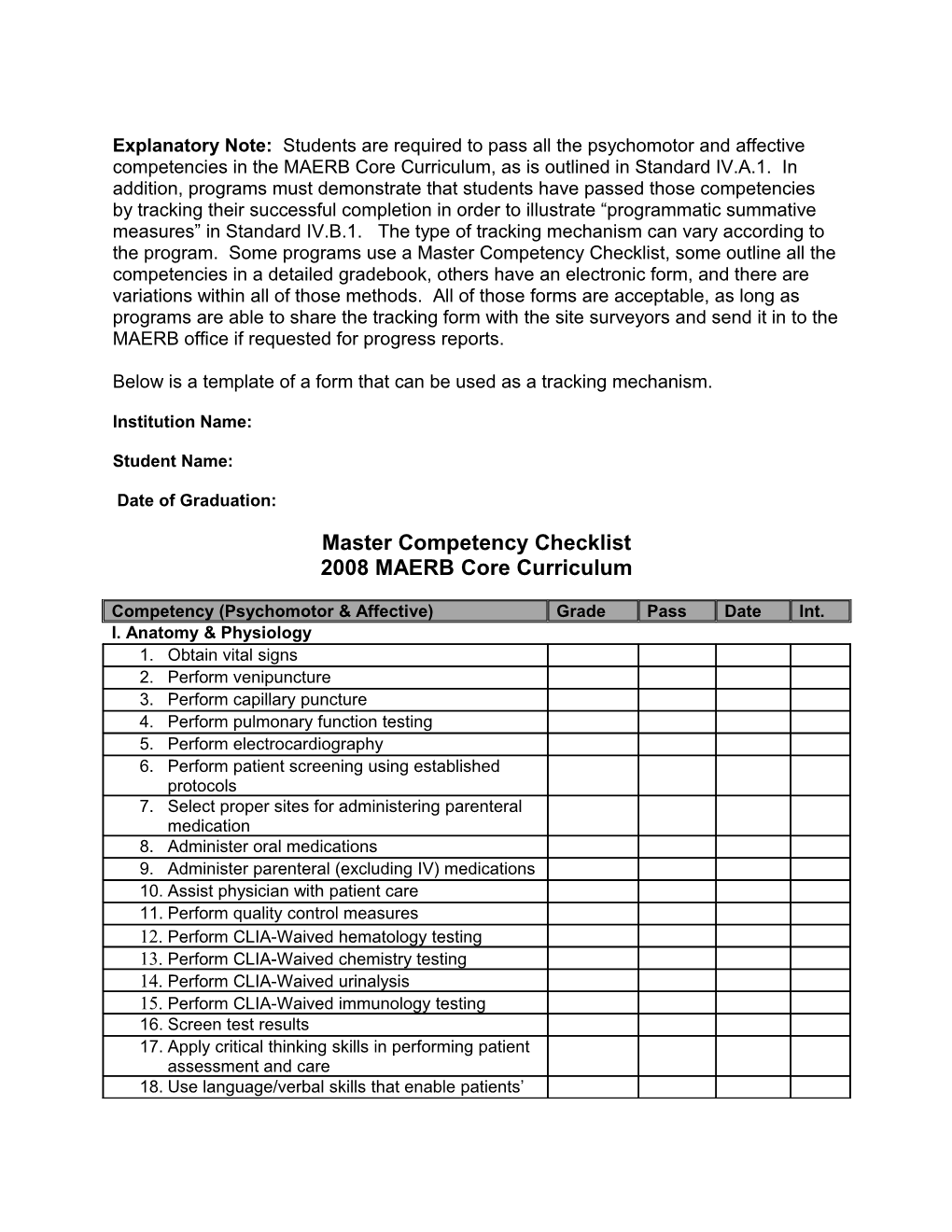 Master Competency Check Sheet