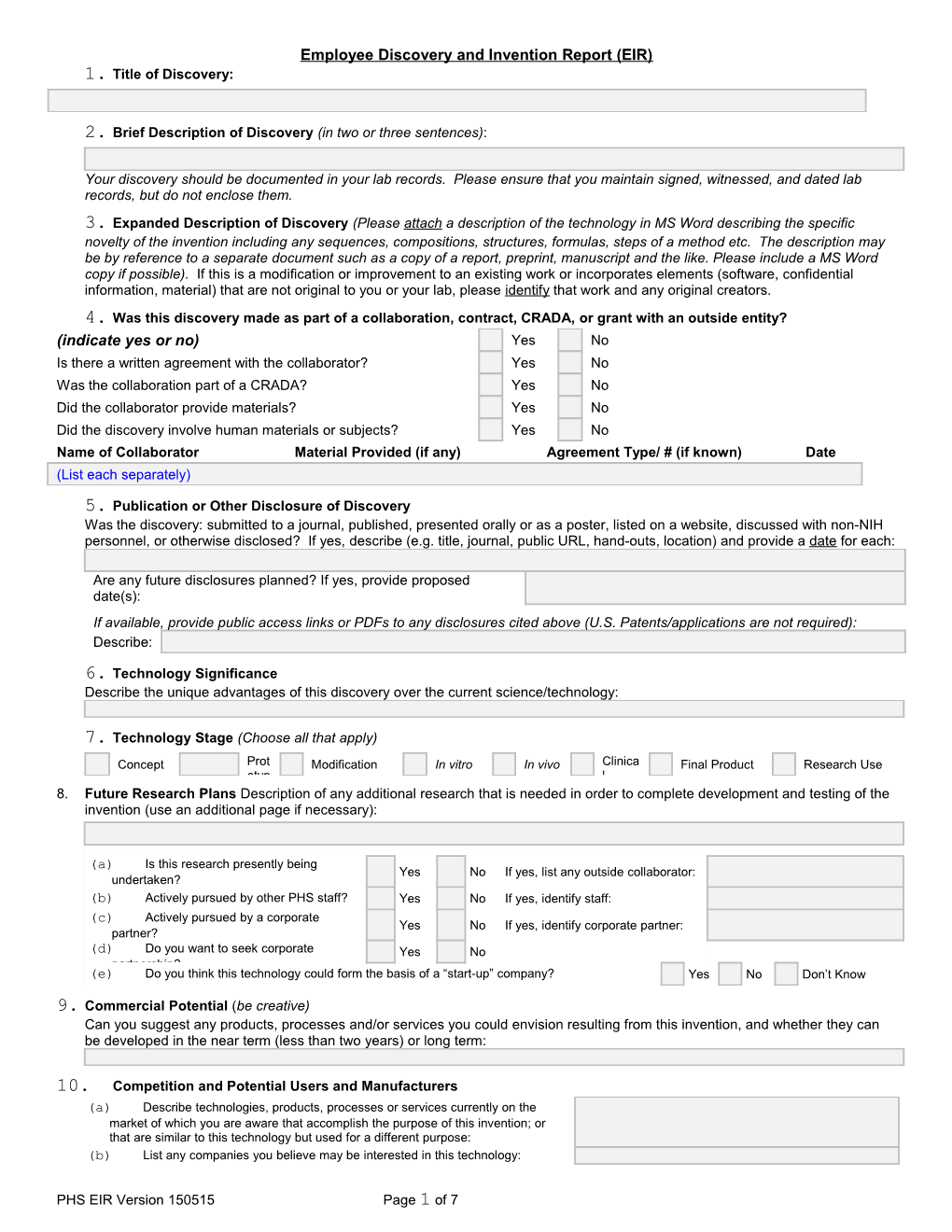 Employee Discovery and Invention Report (EIR)