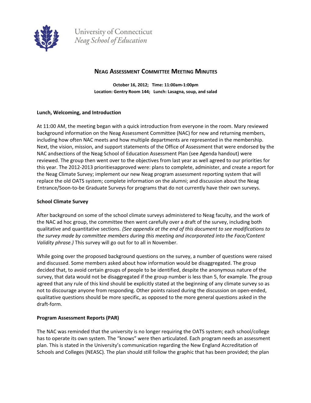 Neag Assessment Committee Meeting Minutes