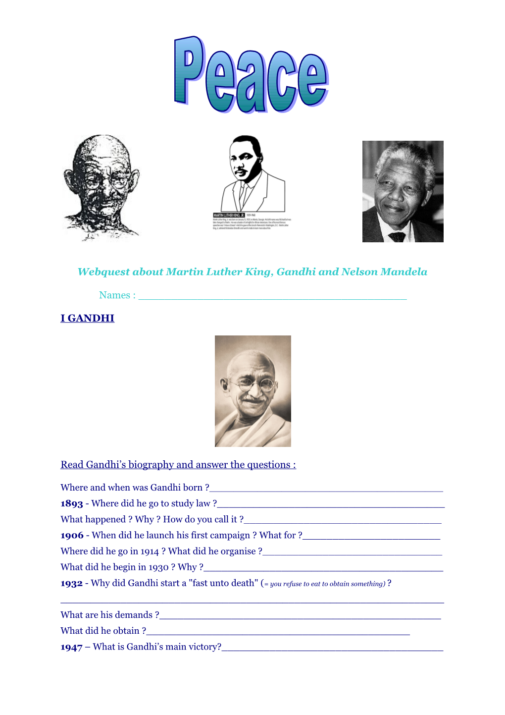 Webquest About Martin Luther King, Gandhi and Nelson Mandela