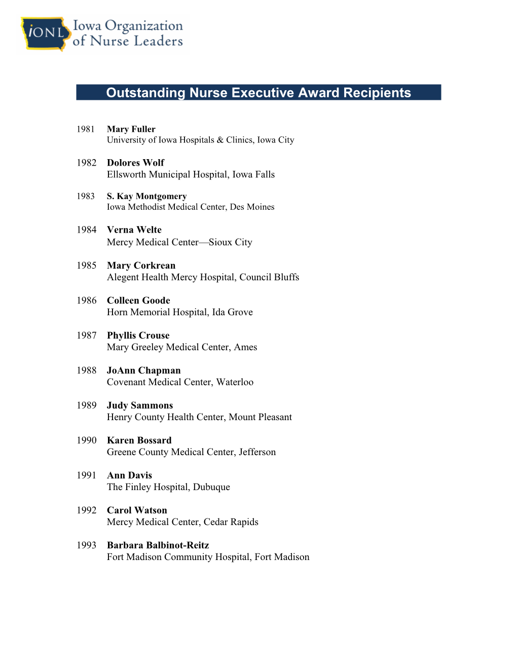 Outstanding Nurse Executive Award Recipients