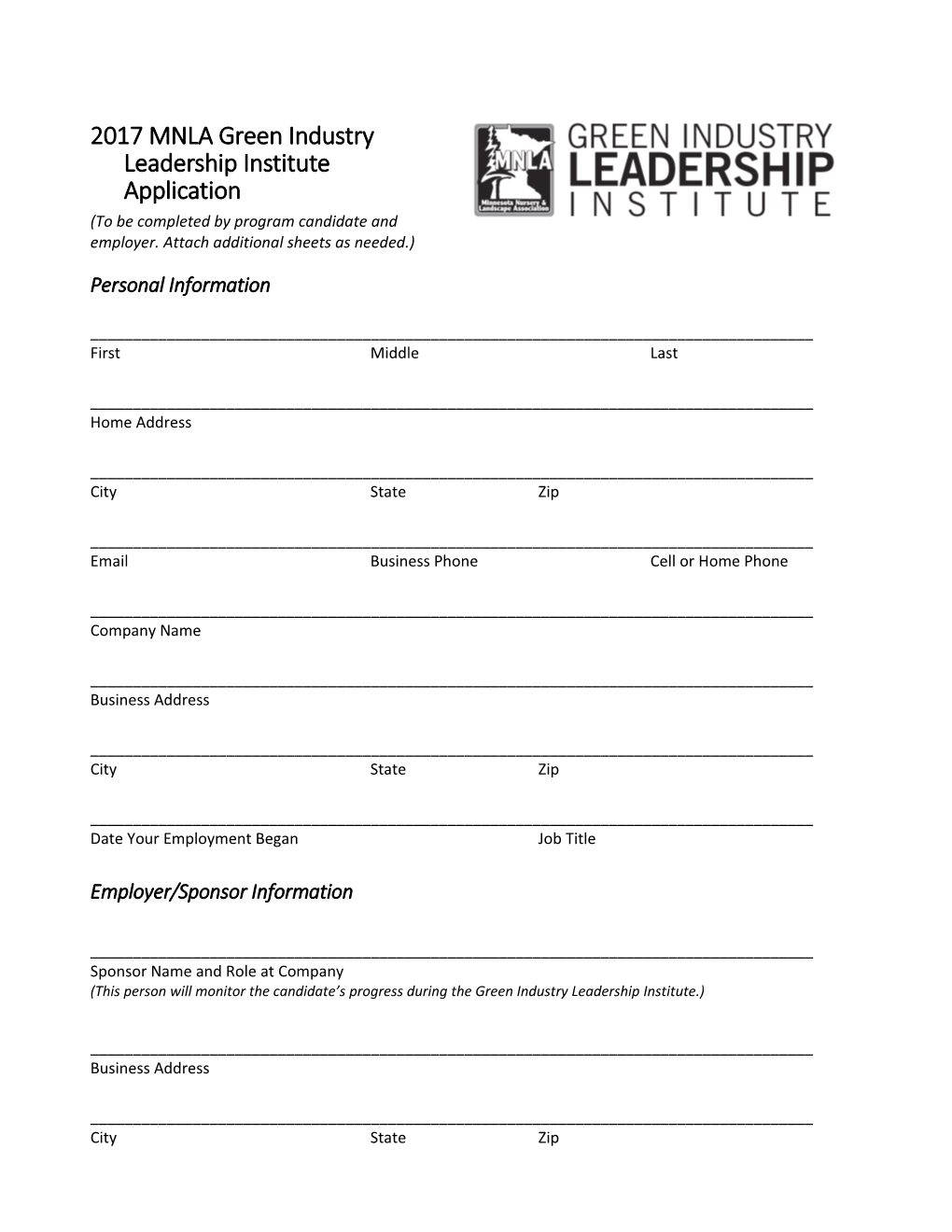2017MNLA Green Industry Leadership Institute Application