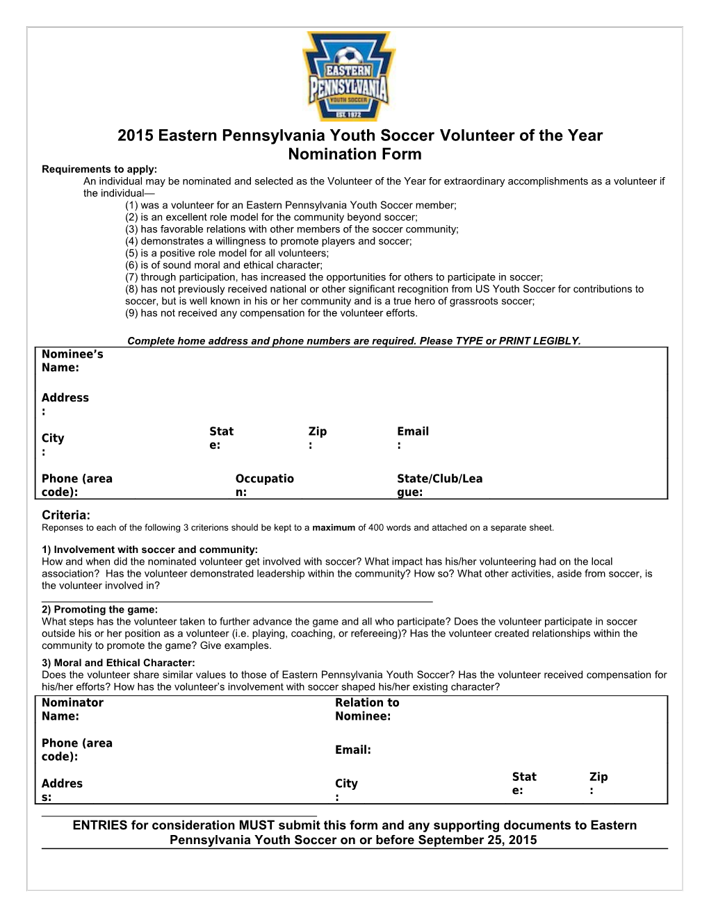 2015 Eastern Pennsylvania Youth Soccer Volunteer of the Year