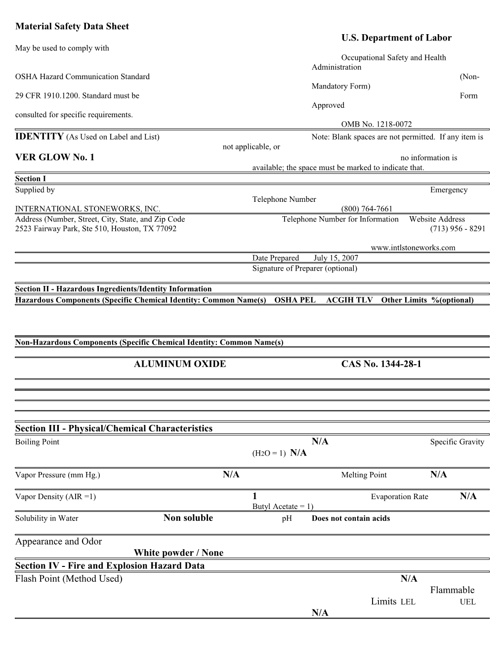 Material Safety Data Sheet U.S. Department of Labor s2