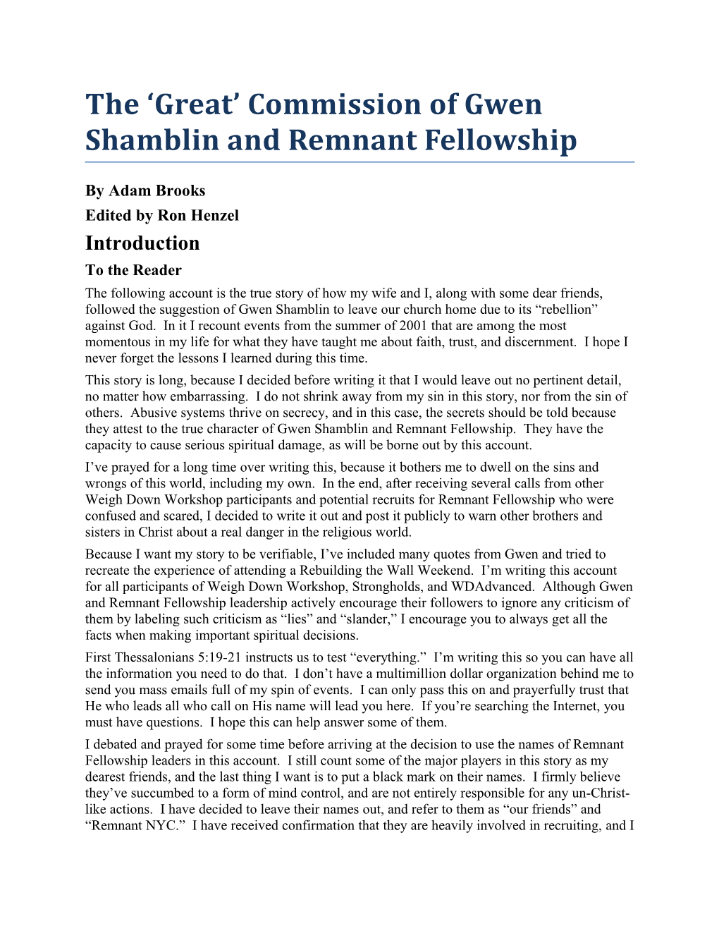 The Great Commission of Gwen Shamblin and Remnant Fellowship