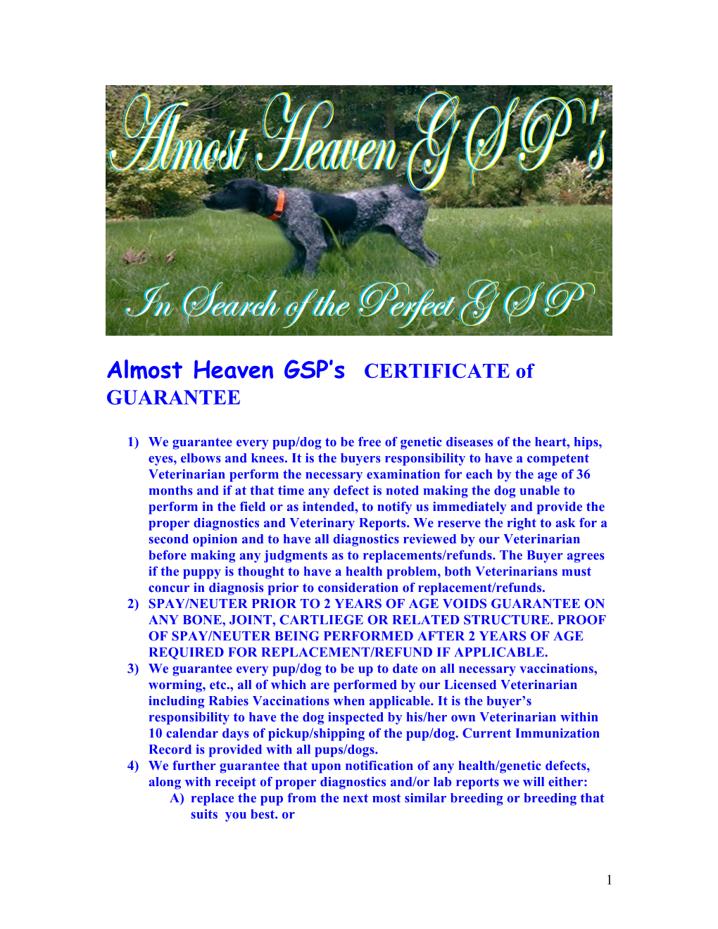 Almost Heaven GSP S CERTIFICATE of GUARANTEE