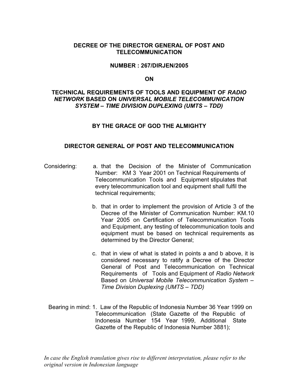 Decree of the Director General of Post and Telecommunication