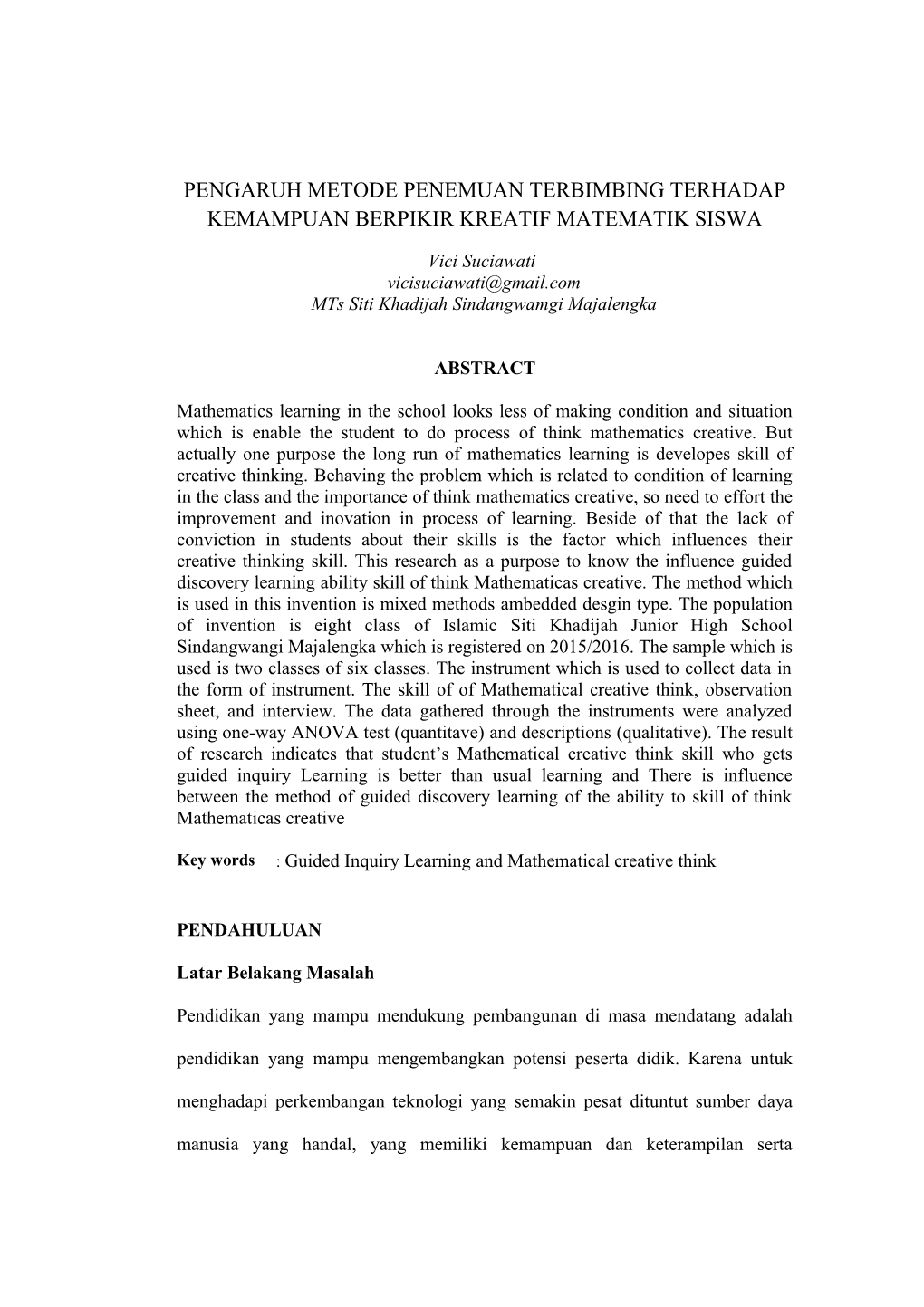 Pengaruh Metode Penemuan Terbimbing Terhadap Kemampuan Berpikir Kreatif Matematik Siswa