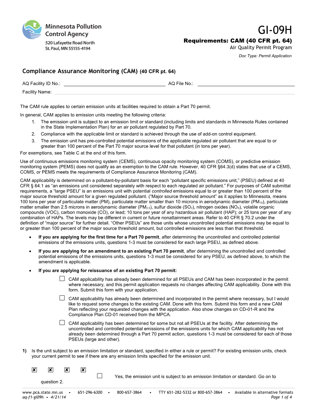 GI-09H Requirements: CAM (40 CFR Pt. 64) - Air Quality Permit Program - Form