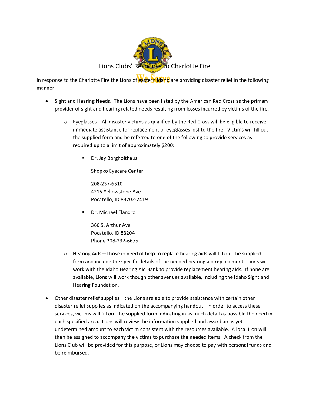 Lions Clubs Response to Charlotte Fire