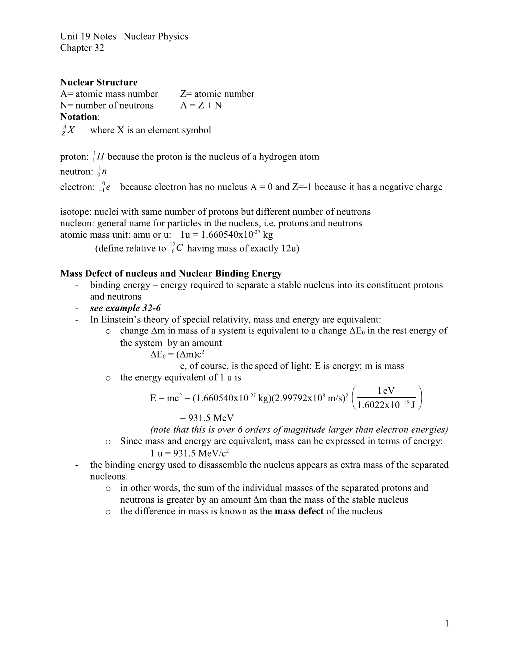 Units 18 & 19 Notes Atomic and Nuclear Physics