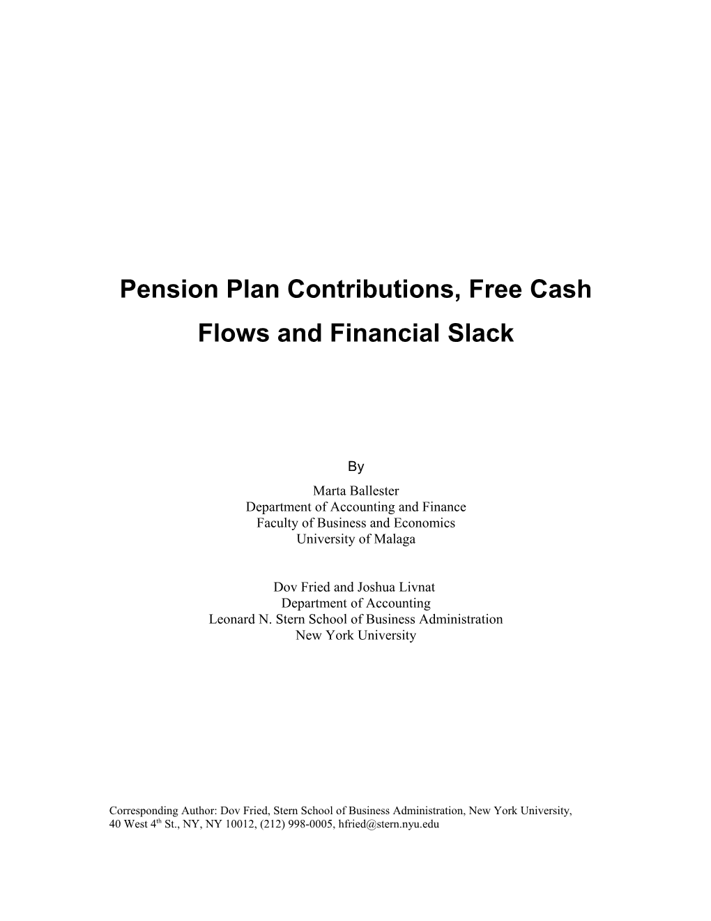 Pension Plan Contributions, Free Cash Flows And Financial Slack