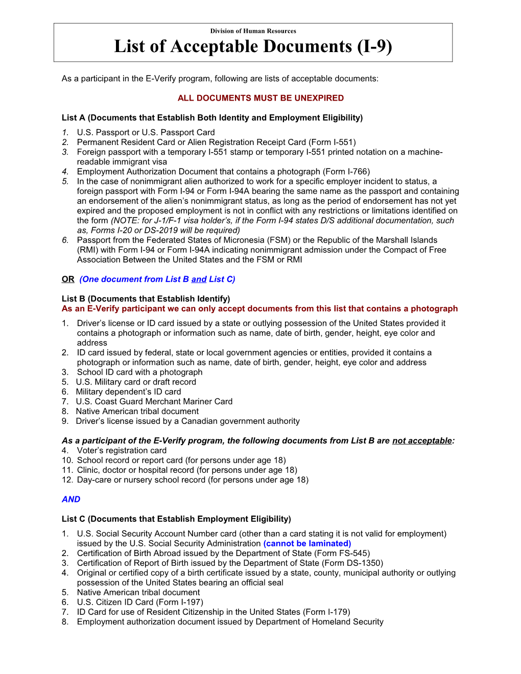 Form I-9: List of Acceptable Documents