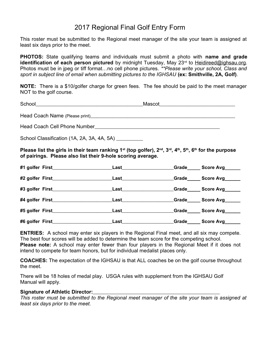 2017 Regional Final Golf Entry Form