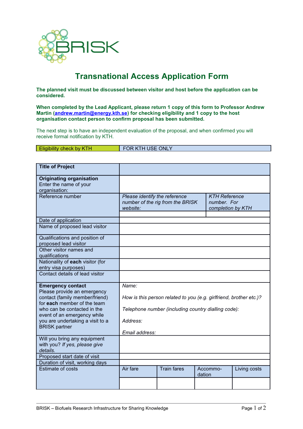Transnational Access Application Form