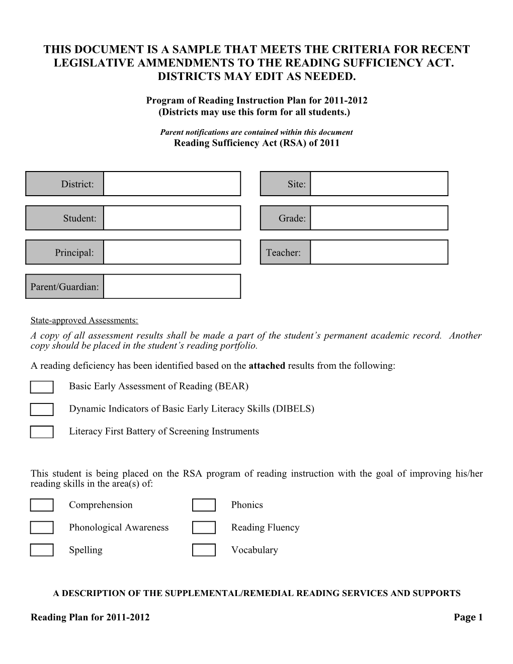 Program of Reading Instruction Plan for 2011-2012