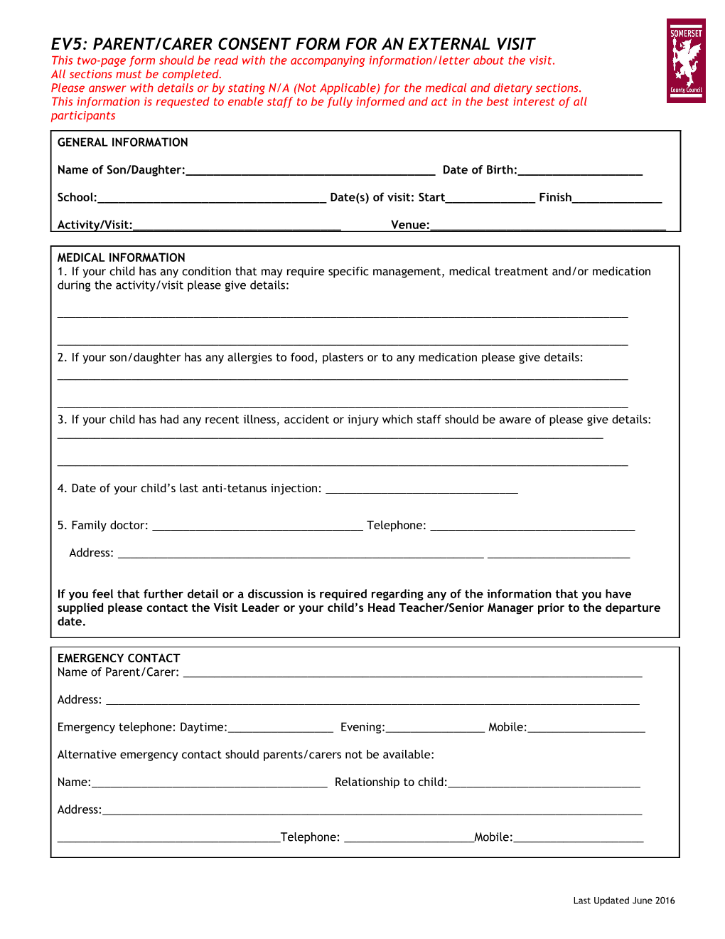 Ev5: Parent/Carer Consent Form for an External Visit