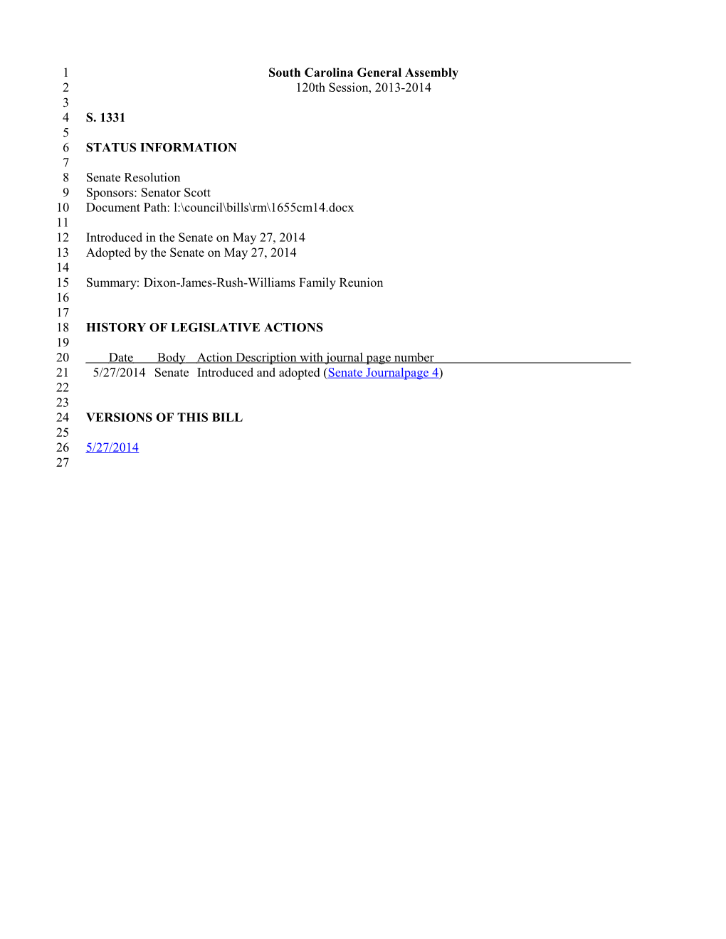 2013-2014 Bill 1331: Dixon-James-Rush-Williams Family Reunion - South Carolina Legislature