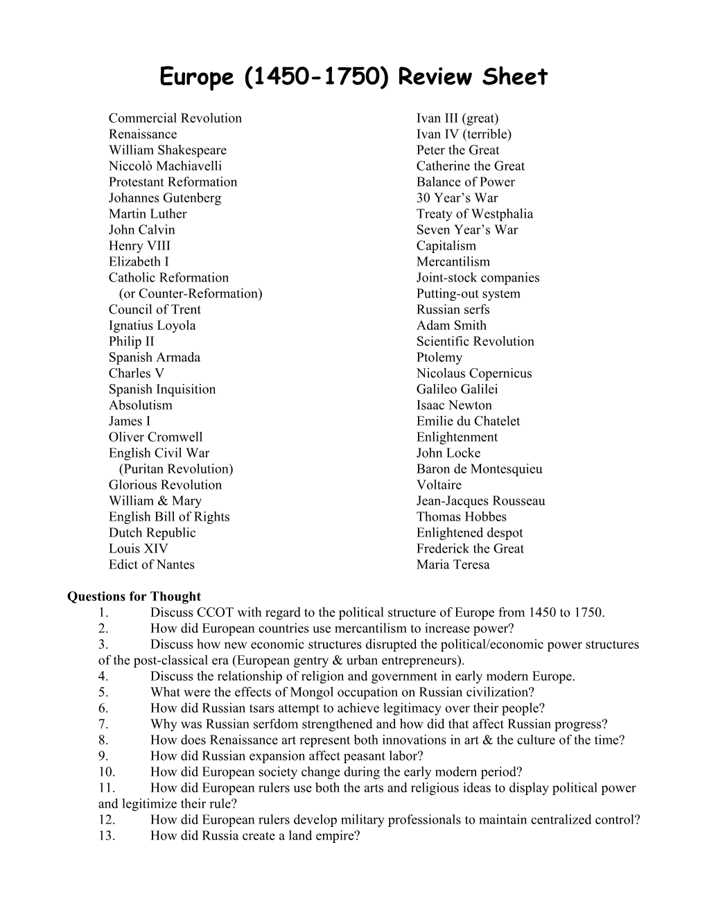 Europe (1450-1750) Review Sheet