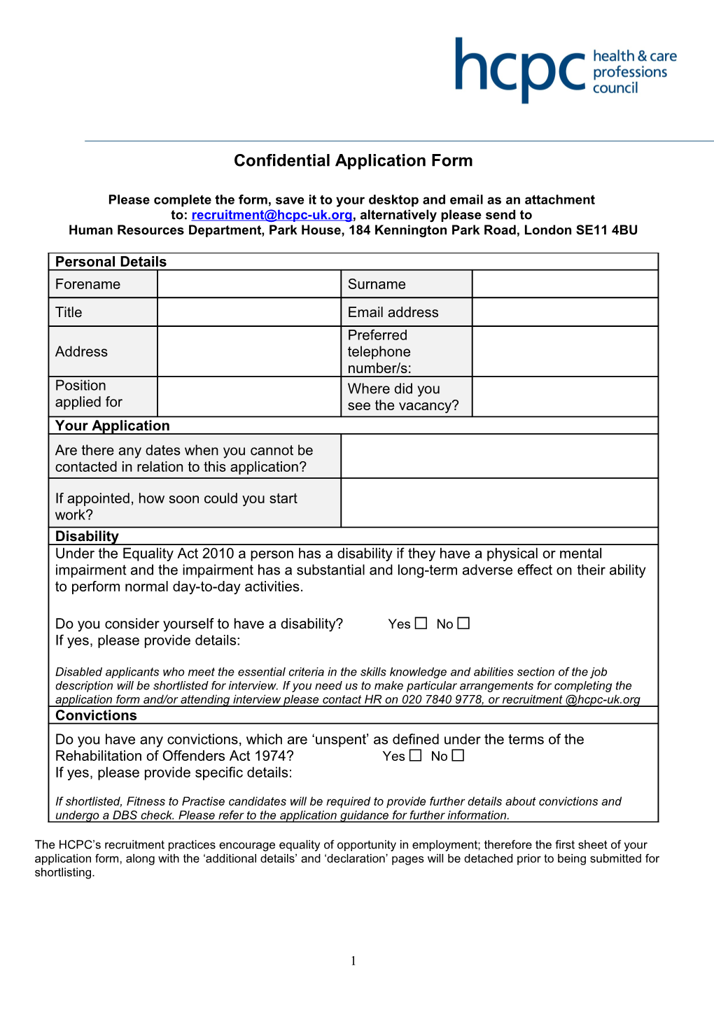 Confidential Application Form