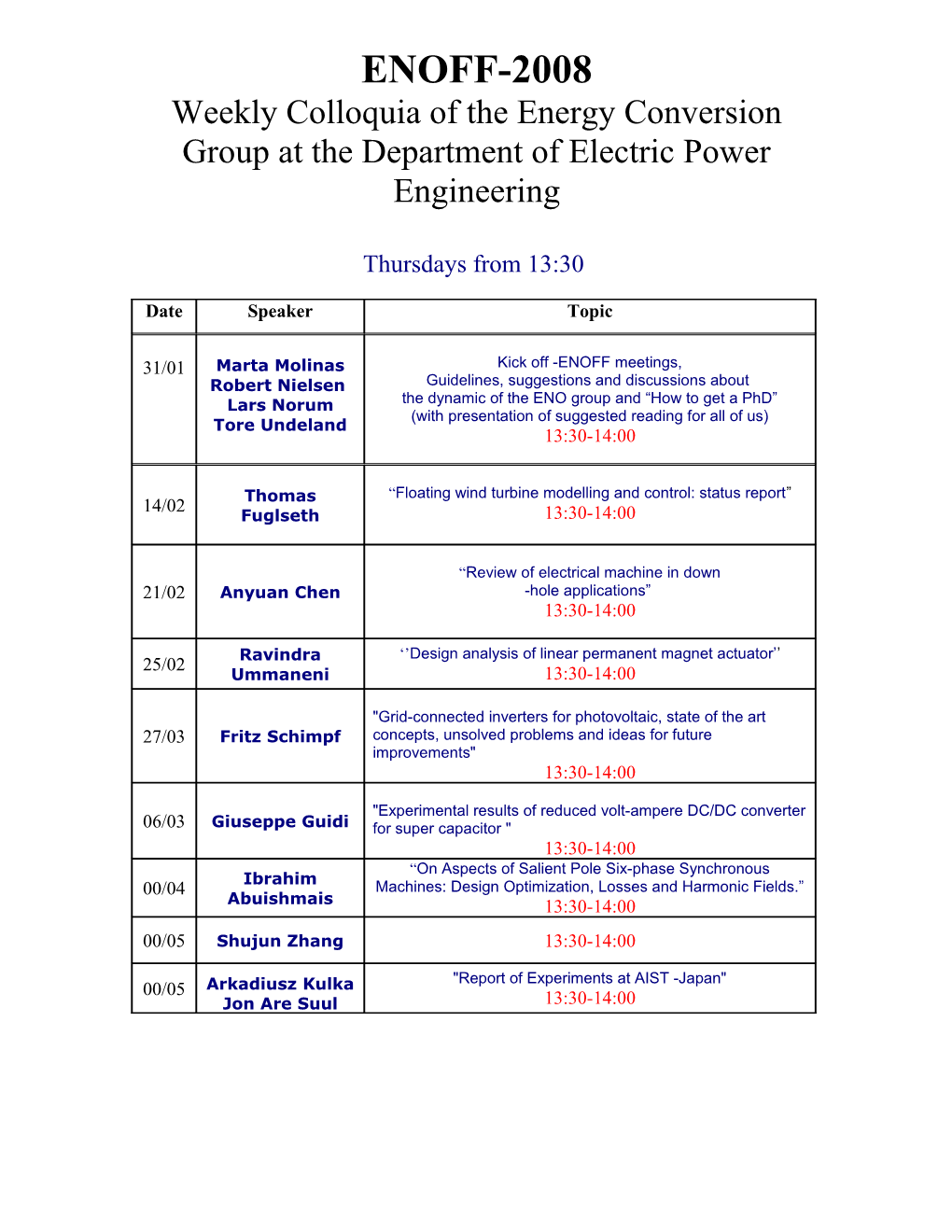 Weekly Colloquia of the Energy Conversion Group at the Department of Electric Power Engineering