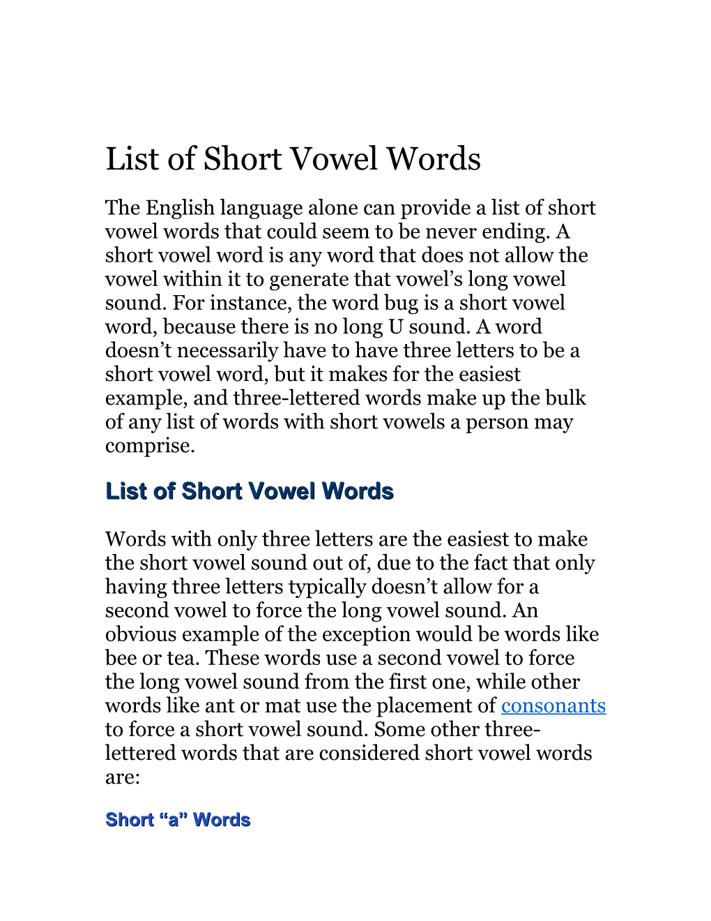 List of Short Vowel Words