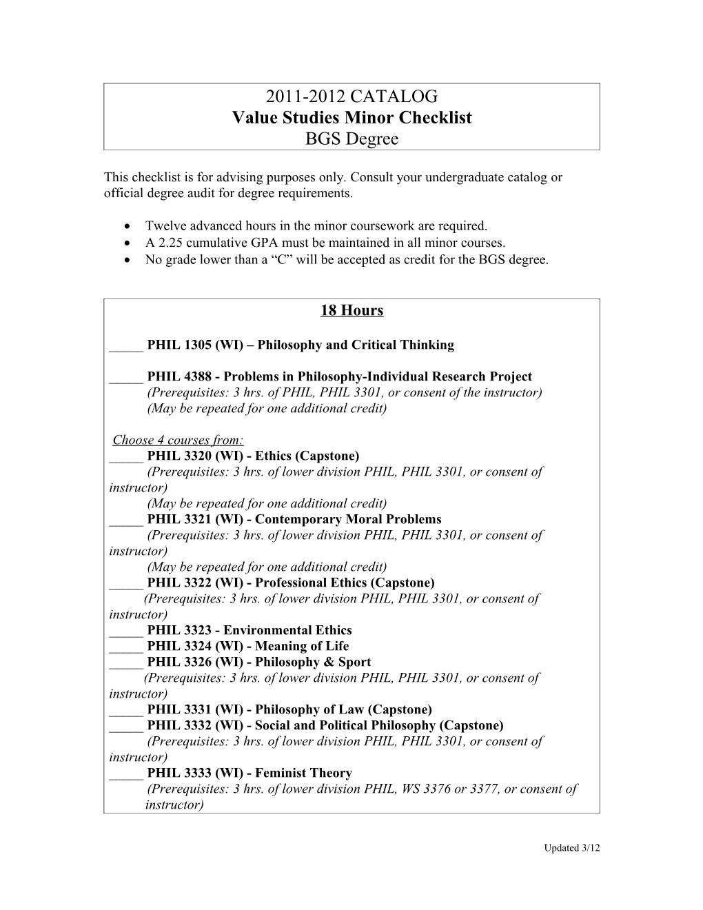 Value Studies Minor Checklist