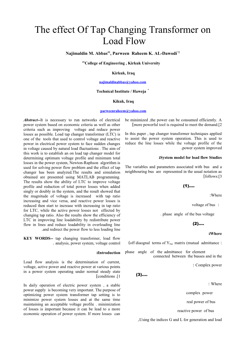 The Effect of Tap Changing Transformer on Load Flow