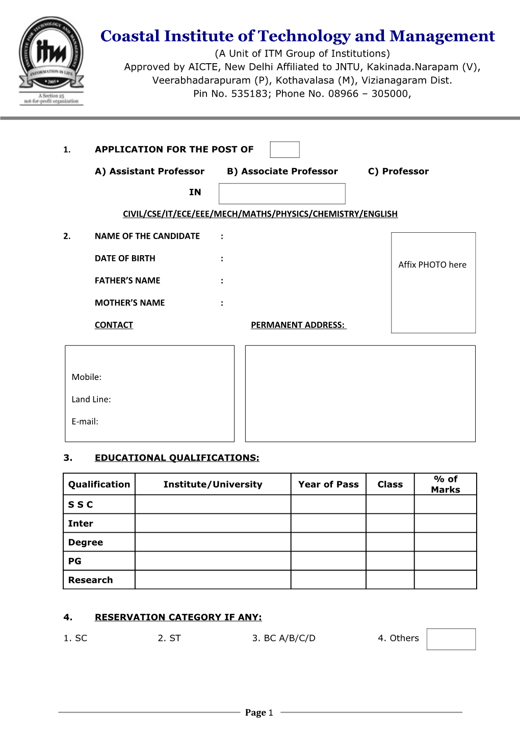 1.Application for the Post Of