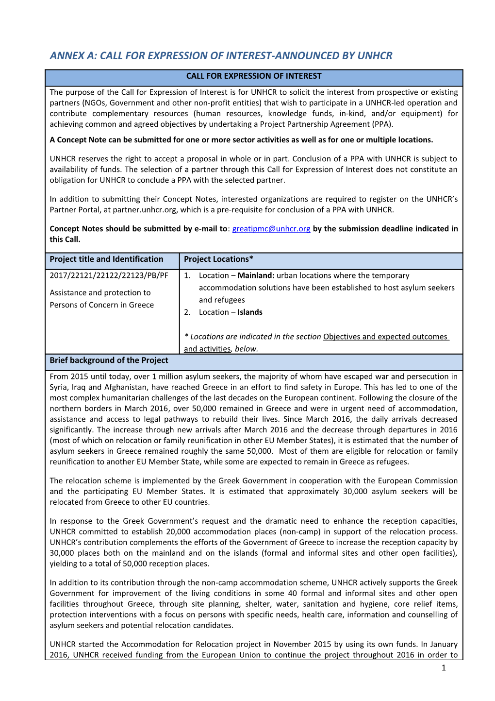 Annex A: Call for Expression of Interest-Announced by Unhcr