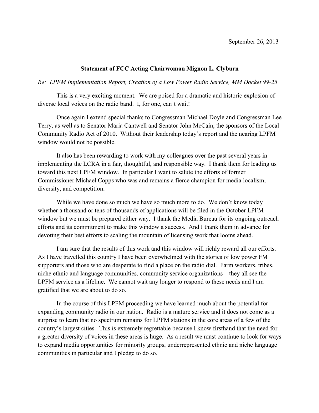 Statement of FCC Acting Chairwoman Mignon L. Clyburn