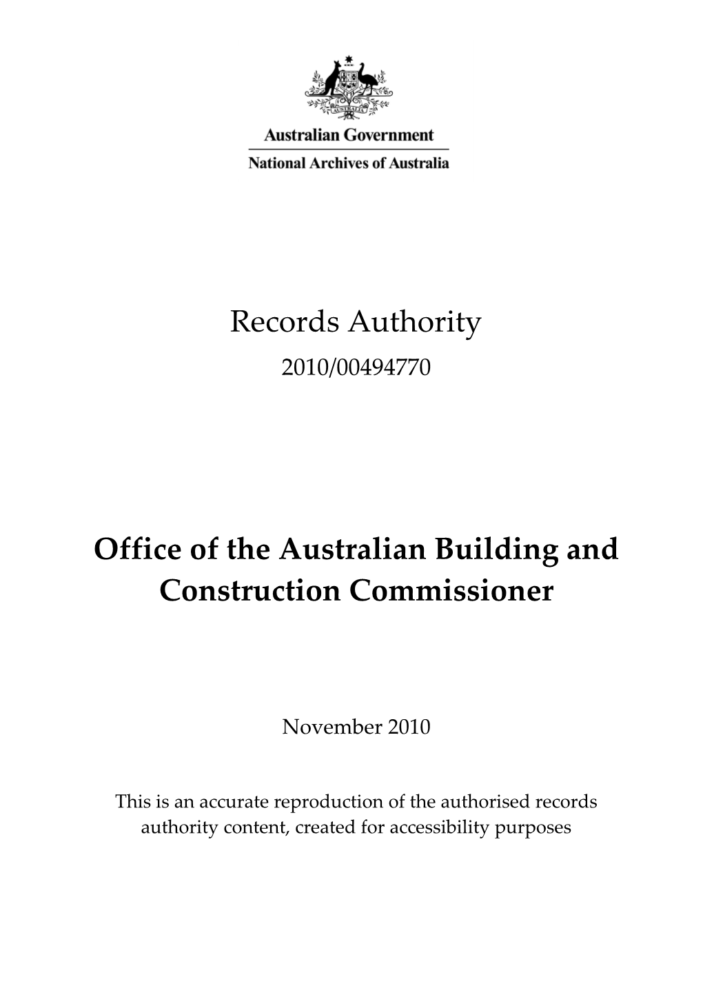 Office of the Australian Building and Construction Commissioner 2010/00494770