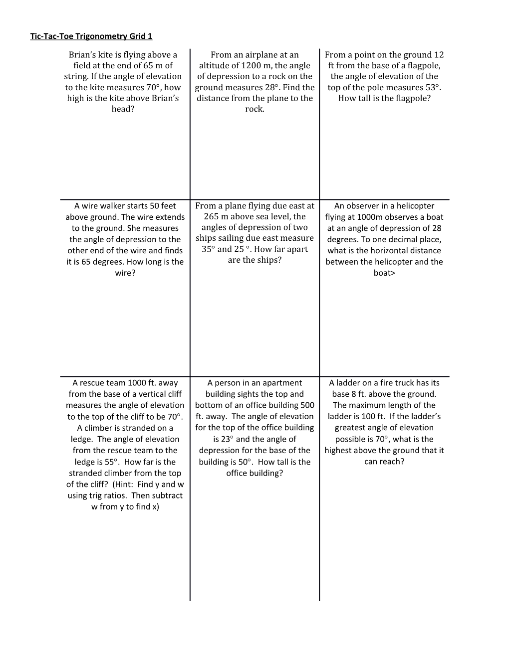 Tic-Tac-Toe Trigonometry Grid 1