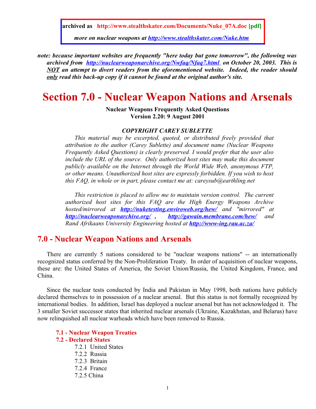 Section 7.0 - Nuclear Weapon Nations and Arsenals