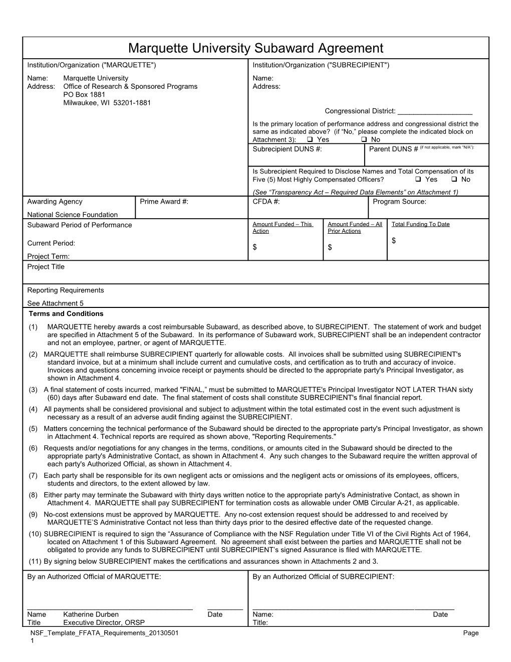 Marquette University Subaward Agreement