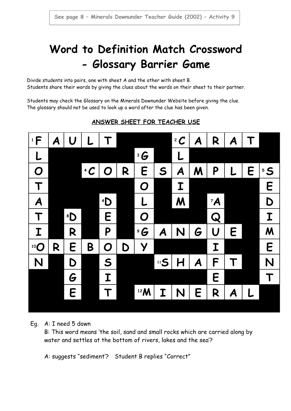 Word to Definition Match Crossword - Glossary Barrier Game