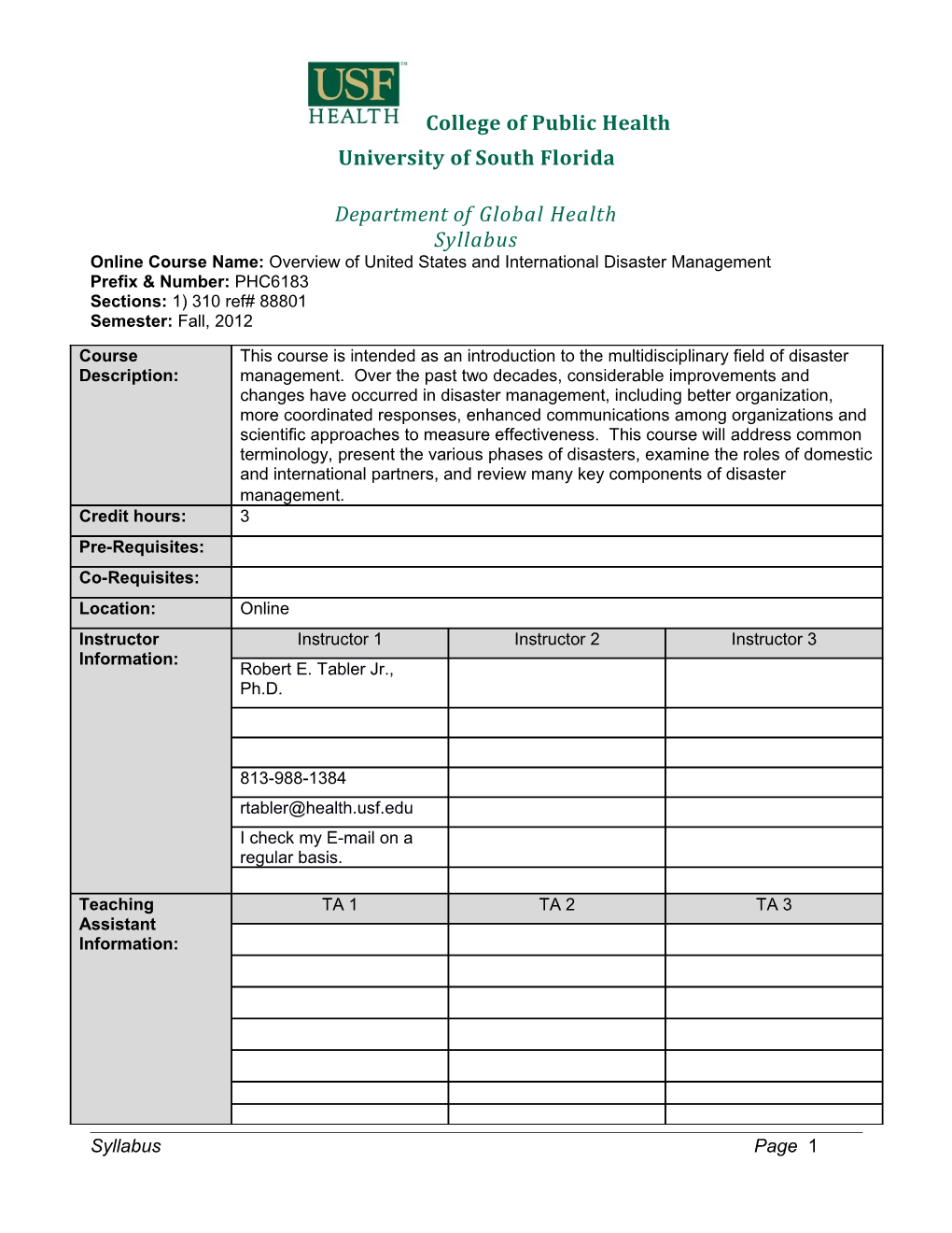 Online Course Name: Overview of United States and International Disaster Management