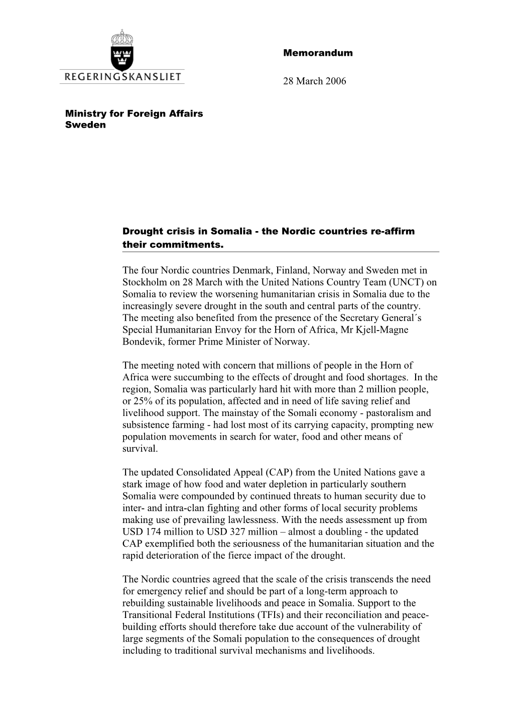 Drought Crisis in Somalia - the Nordic Countries Express Support and Concern