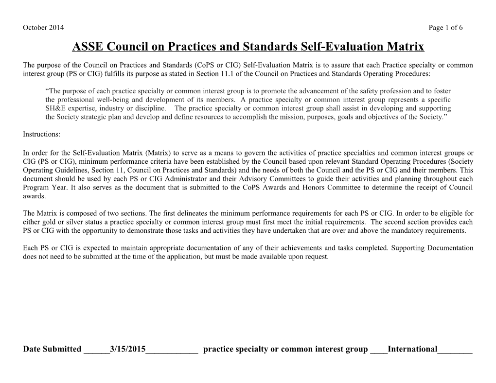 ASSE Council on Practices and Standards Self-Evaluation Matrix