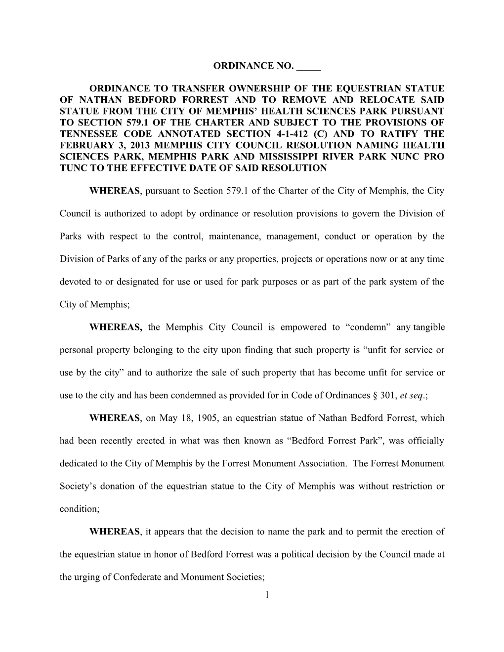 Ordinance to Transfer Ownership of the Equestrian Statue of Nathan Bedford Forrest And