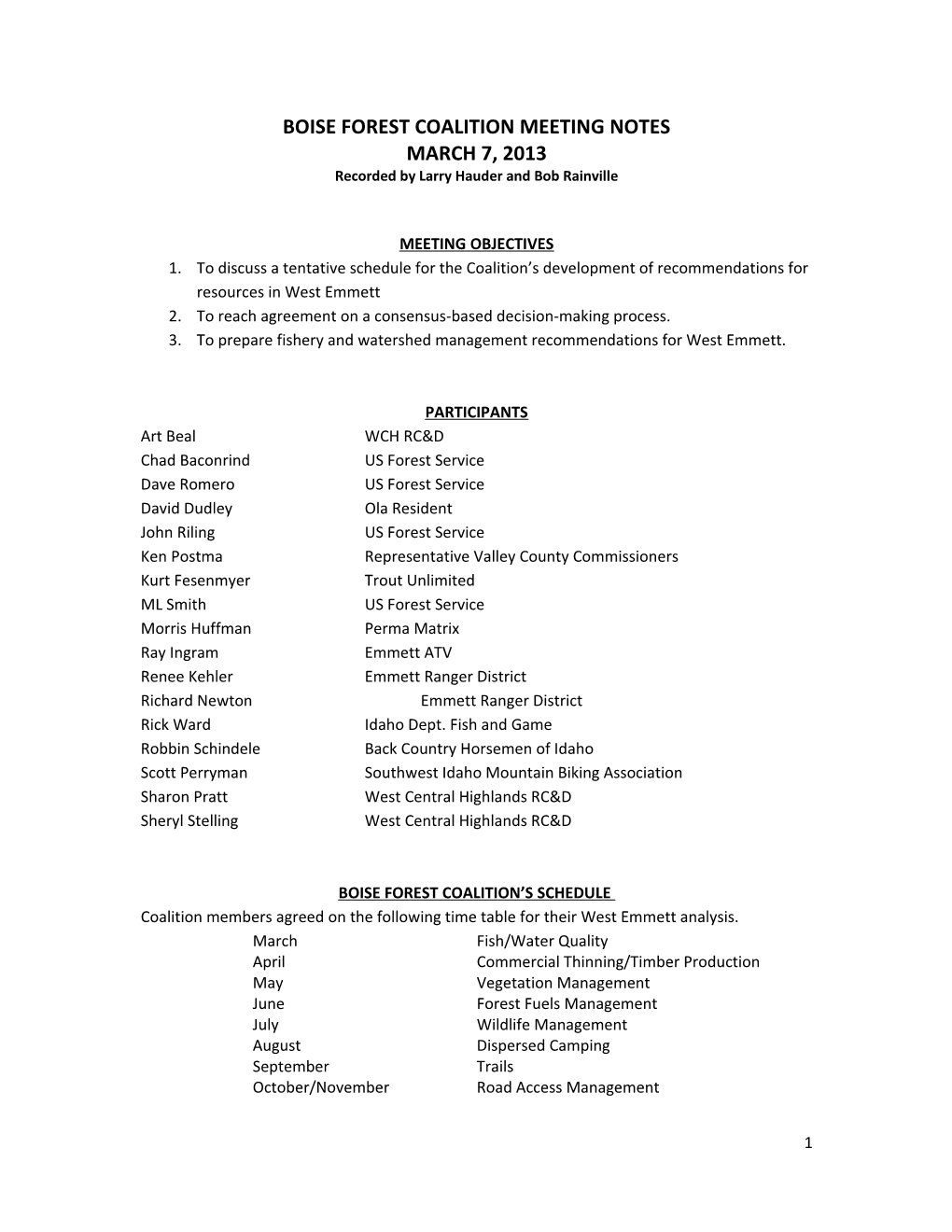 Boise Forest, West Emmett Analysis Area (Weaa) Coalition Meeting Notes, June 19, 2012